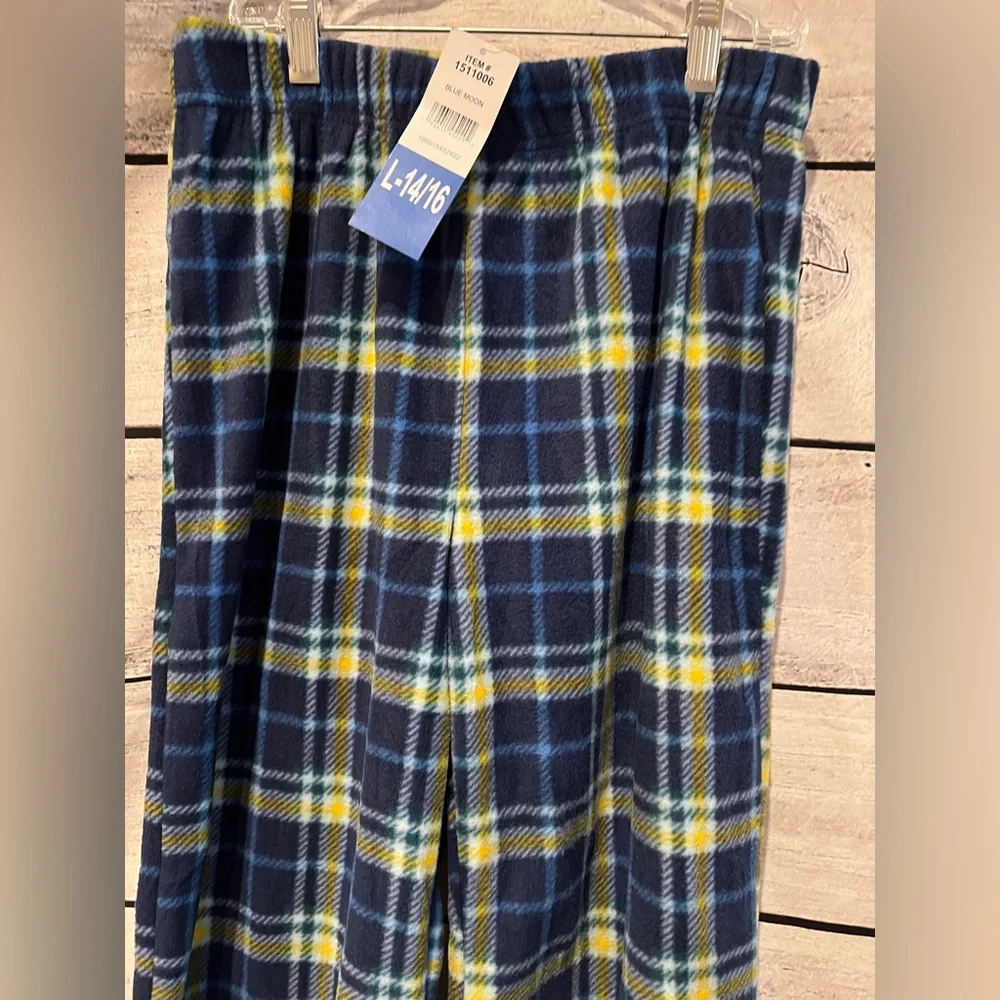 Eddie Bauer Blue Yellow Plaid Fleece Pants Youth 14 16 New Pajama Bottoms Lounge